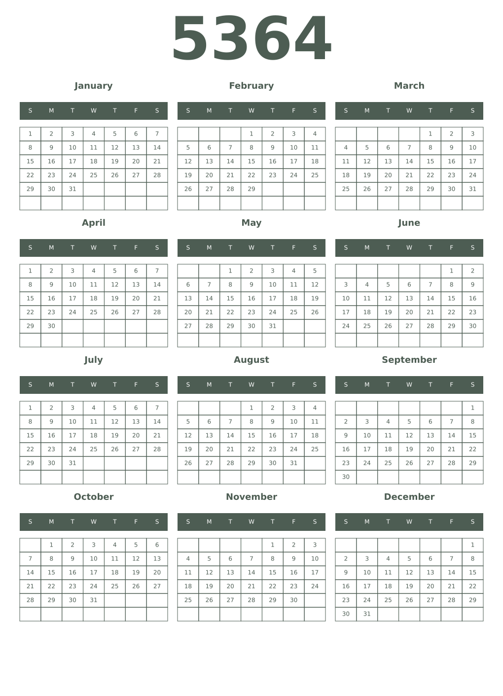 Printable 5364 Year Calendars feldgrau