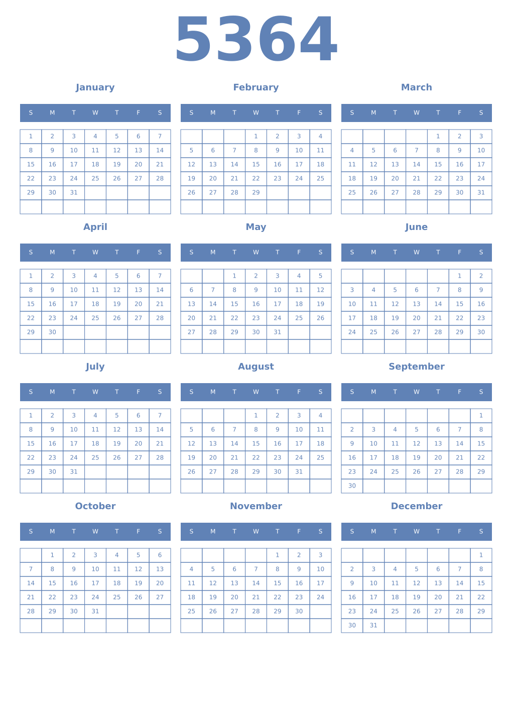 Printable 5364 Year Calendars glaucous