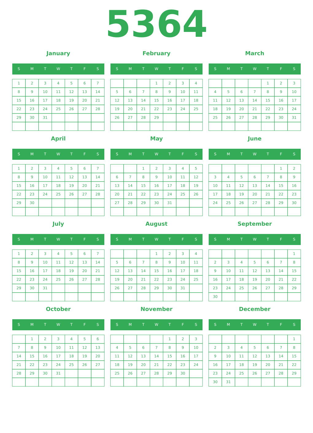 Printable 5364 Year Calendars green