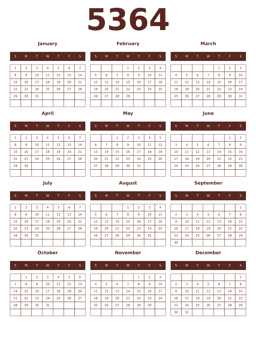 Printable 5364 Year Calendars mortuum