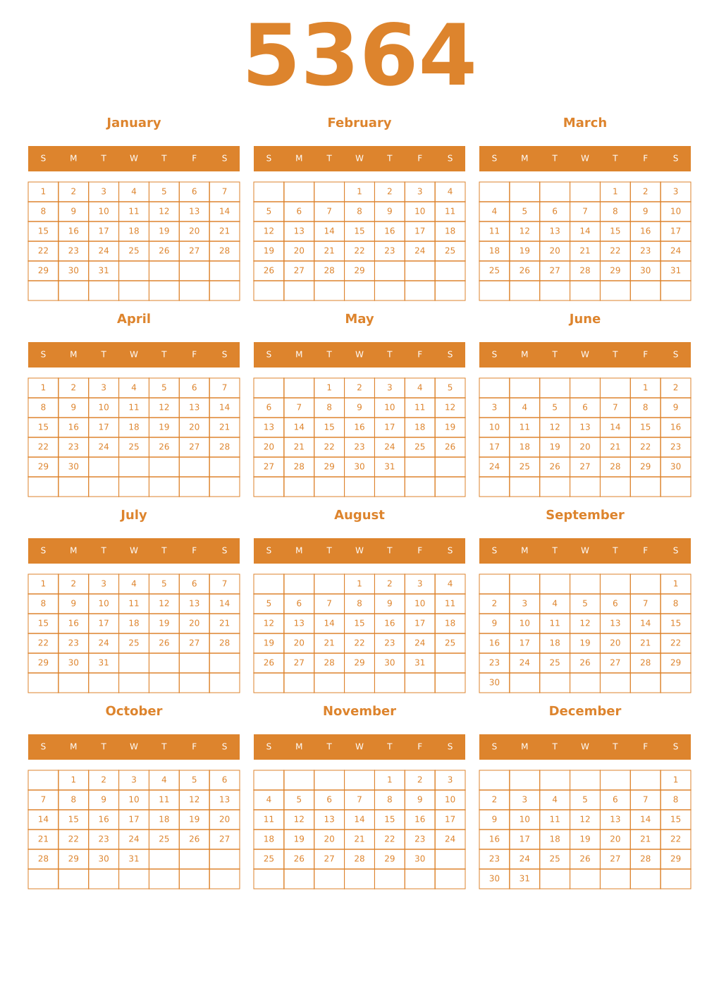 Printable 5364 Year Calendars orange