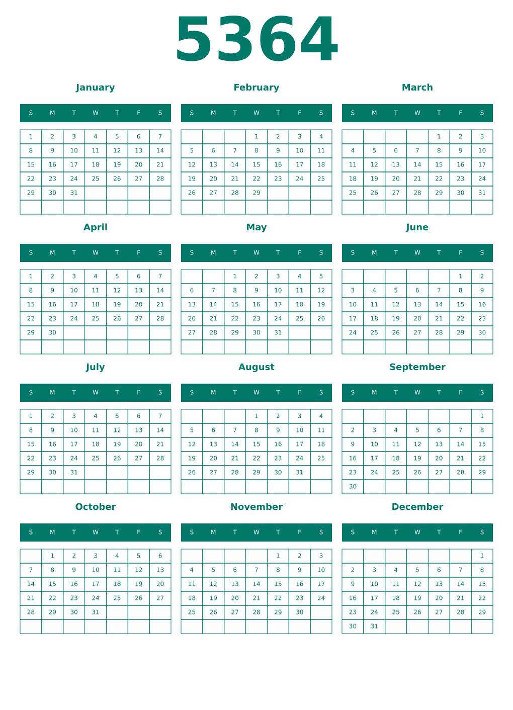 Printable 5364 Year Calendars pastel