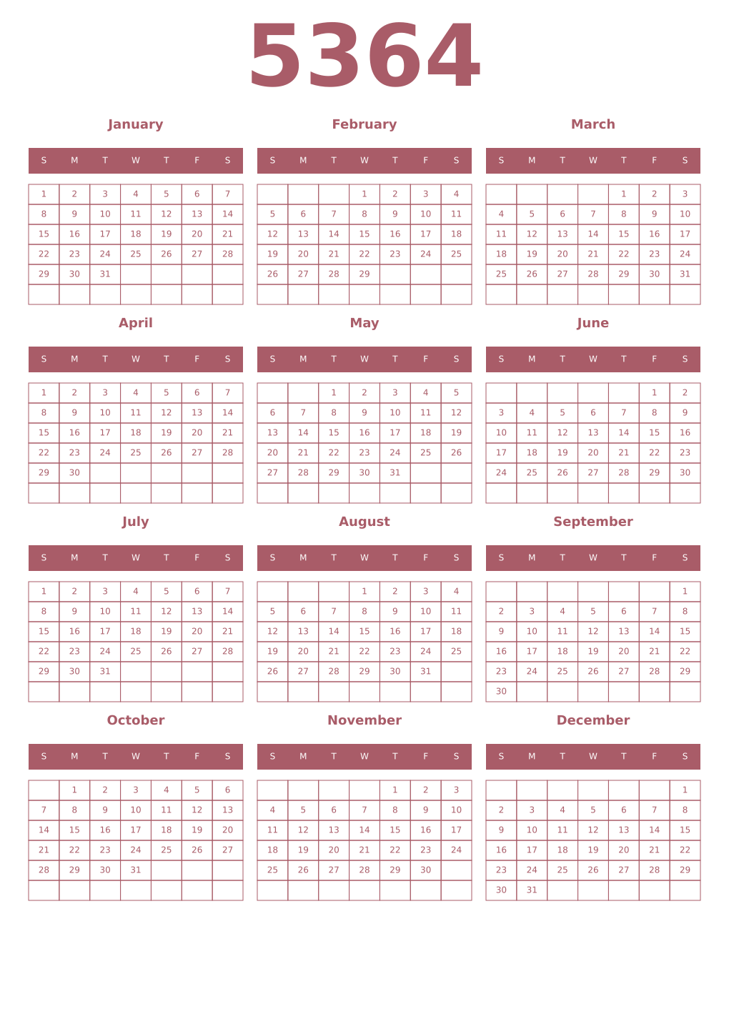 Printable 5364 Year Calendars puce