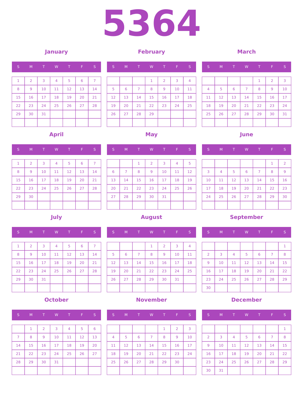 Printable 5364 Year Calendars purple