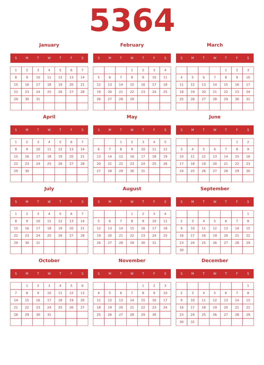 Printable 5364 Year Calendars red
