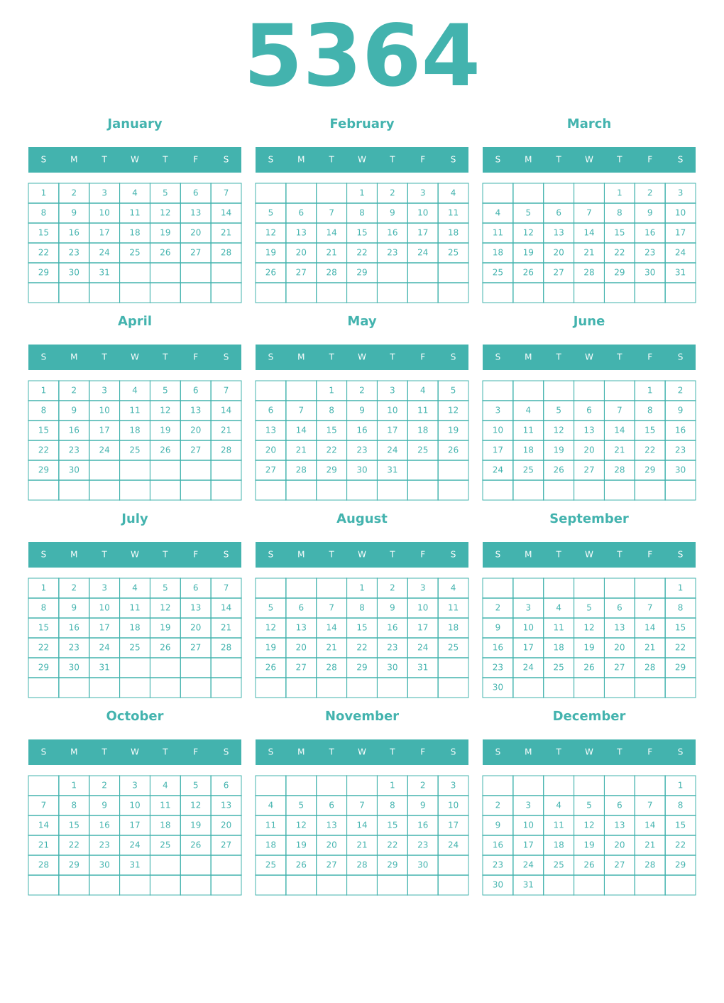 Printable 5364 Year Calendars verdigris
