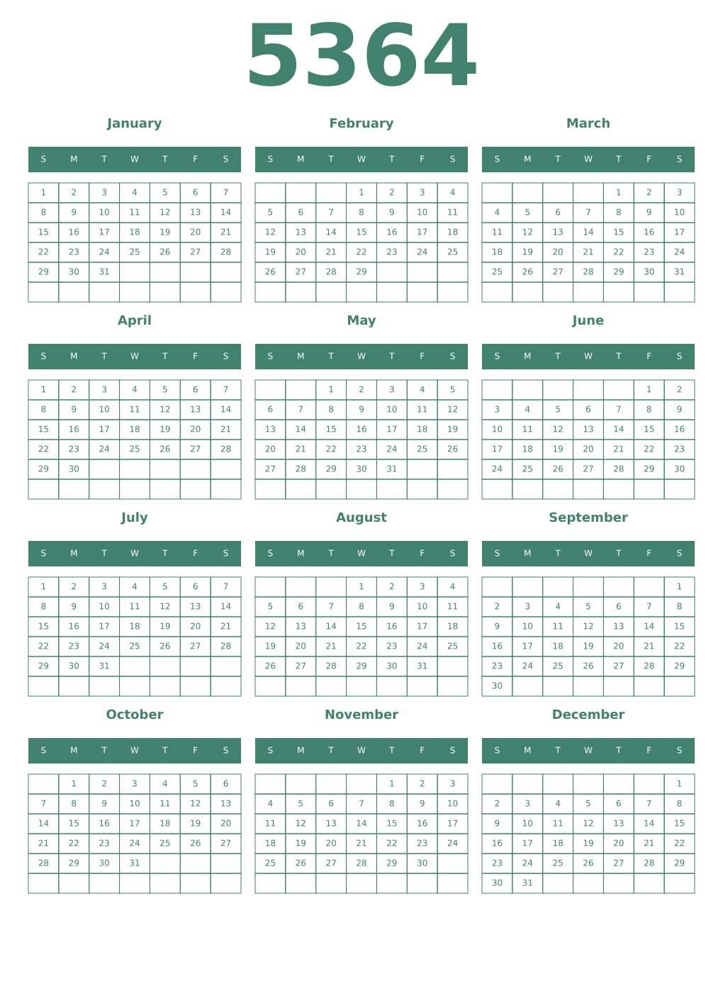 Printable 5364 Year Calendars viridian