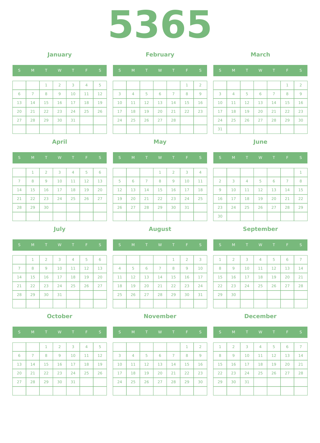 Printable 5365 Year Calendars celadon