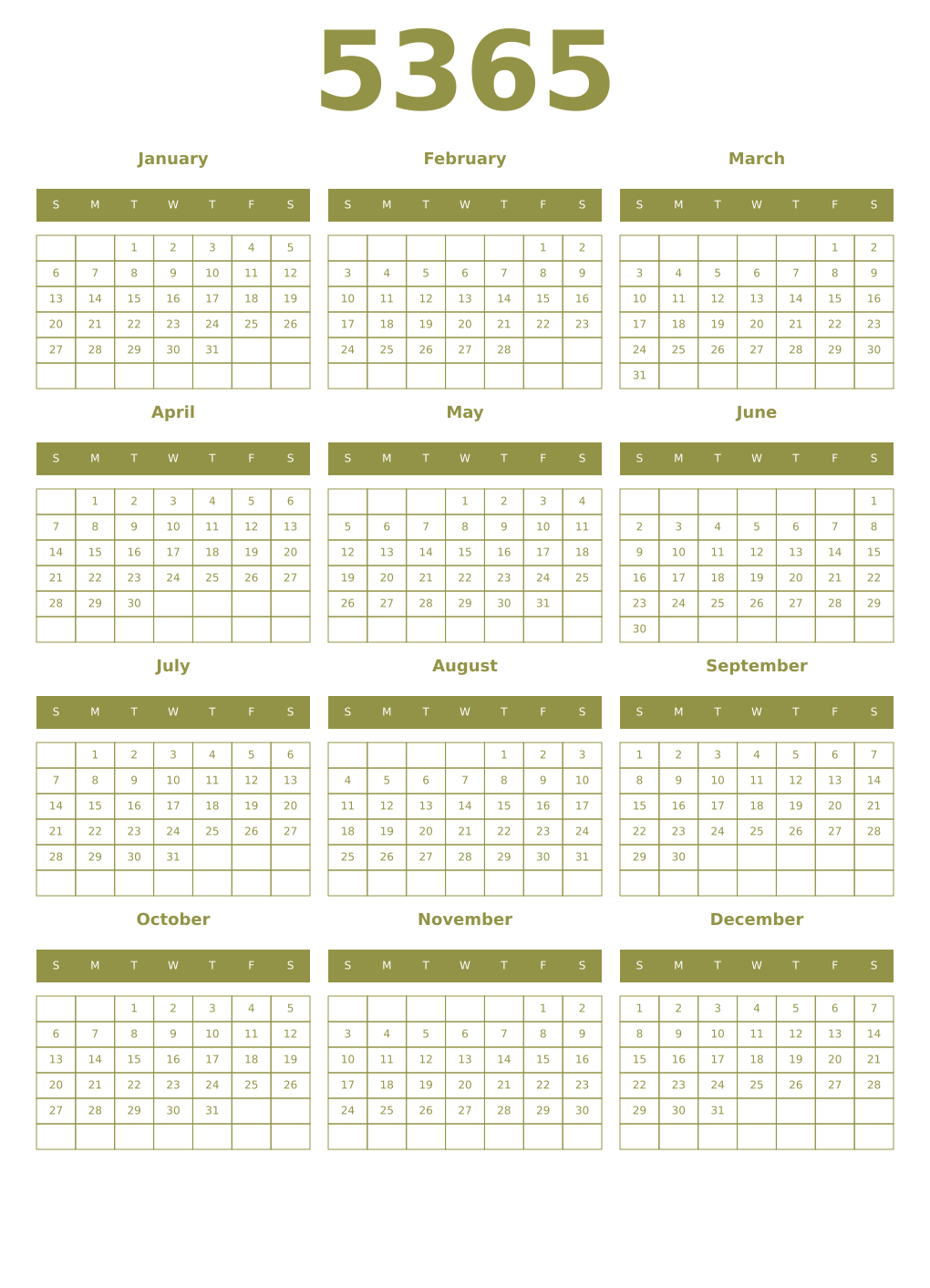 Printable 5365 Year Calendars eburnean