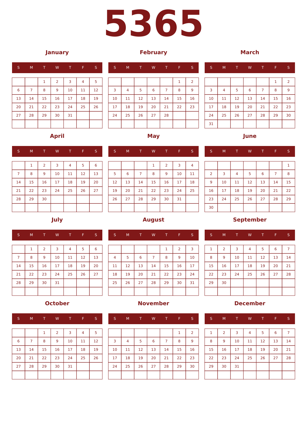 Printable 5365 Year Calendars falu