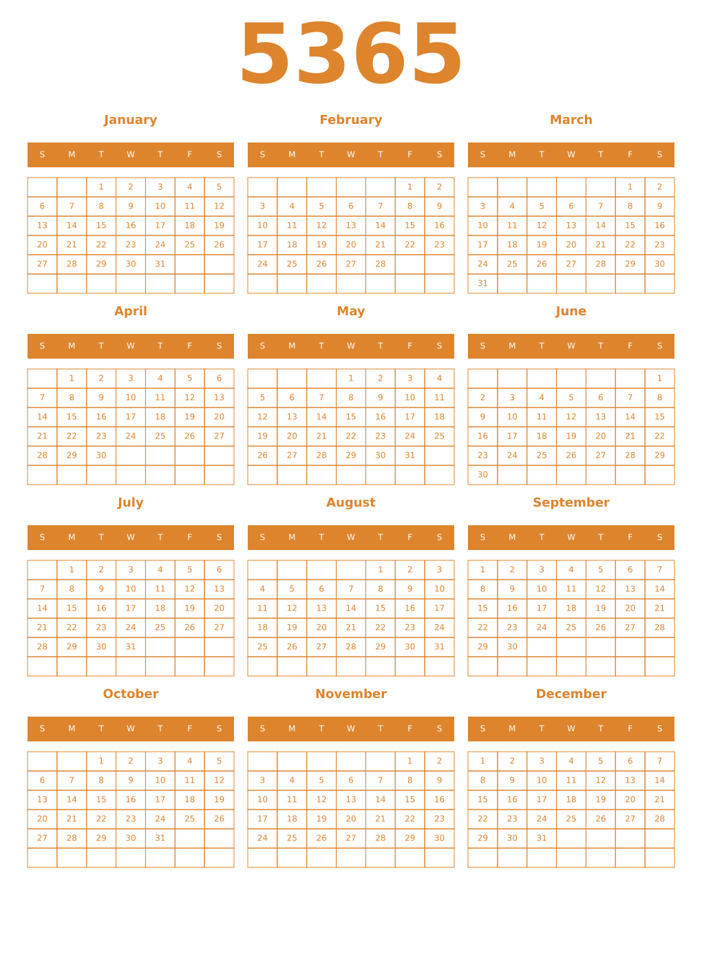 Printable 5365 Year Calendars orange