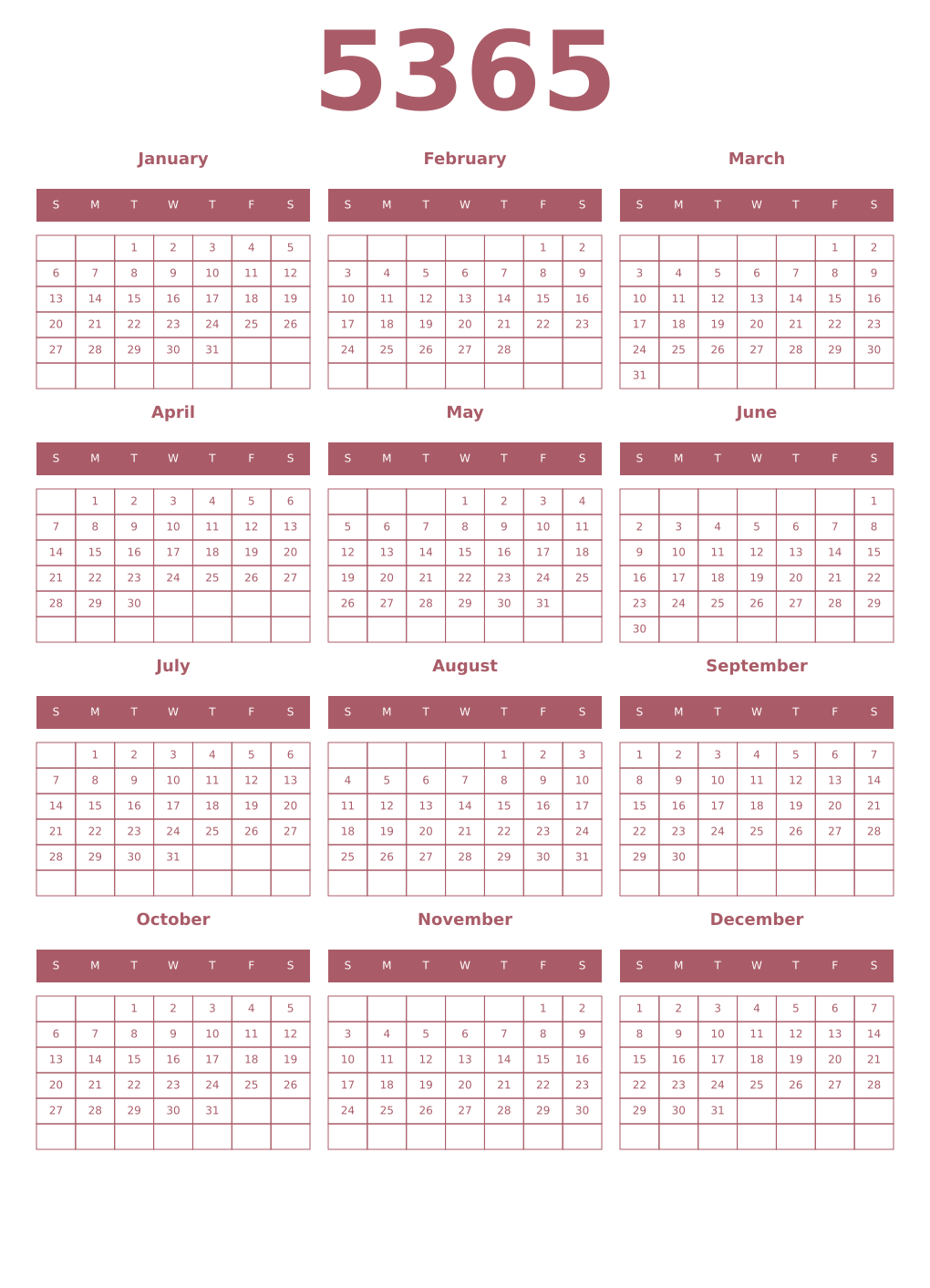 Printable 5365 Year Calendars puce