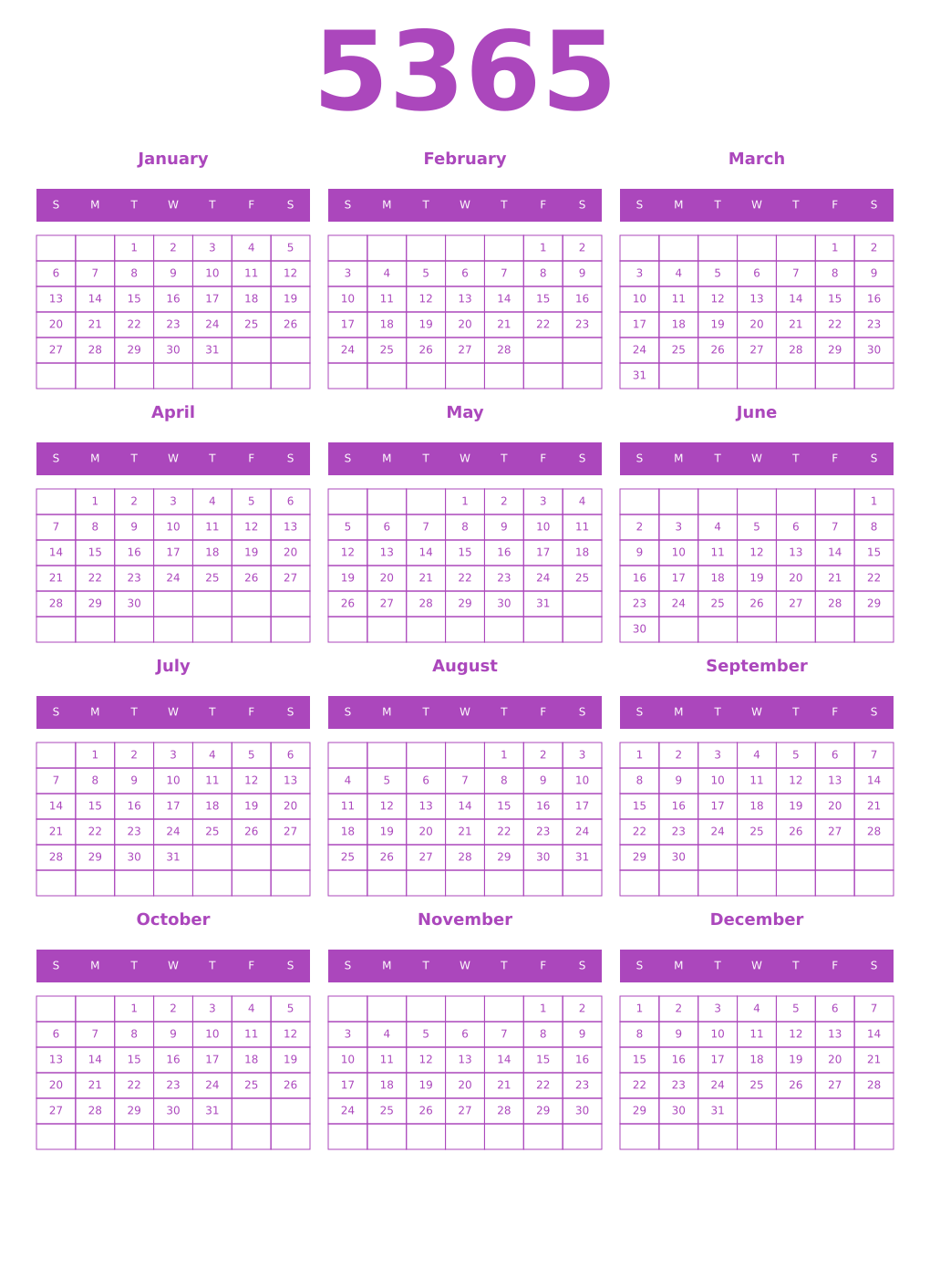 Printable 5365 Year Calendars purple