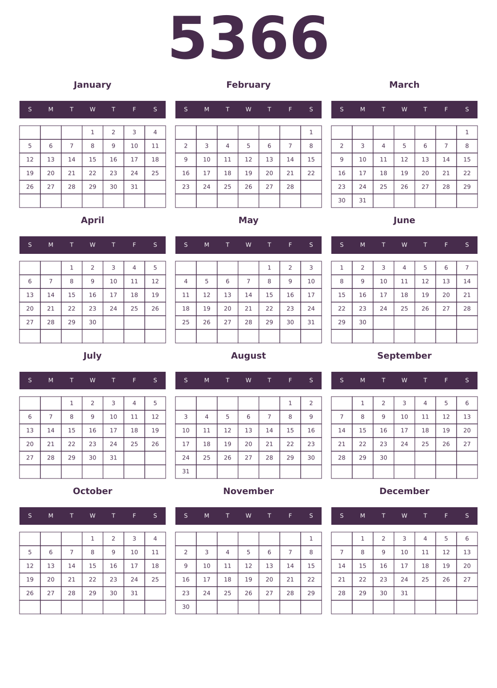 Printable 5366 Year Calendars aubergine