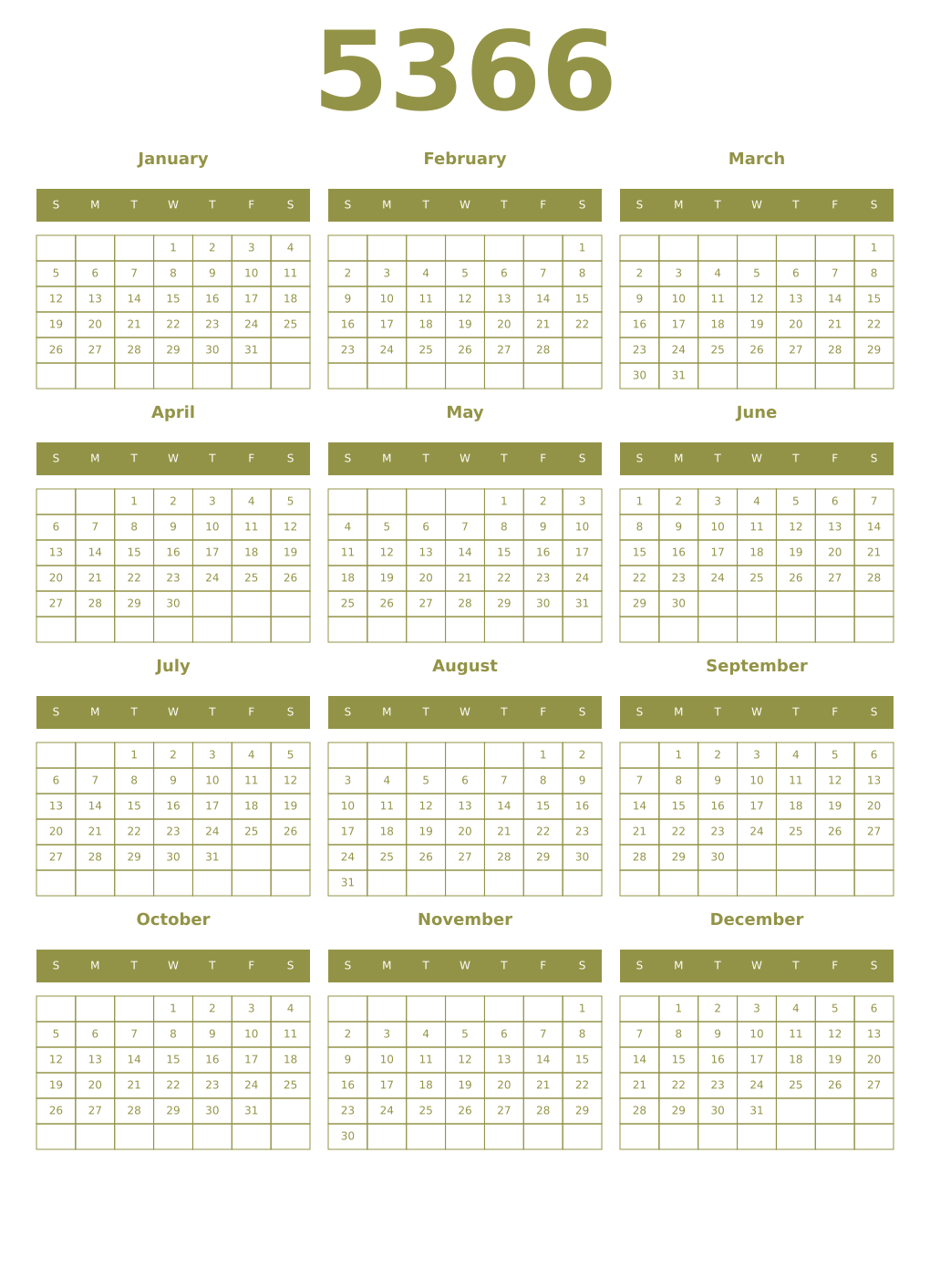 Printable 5366 Year Calendars eburnean