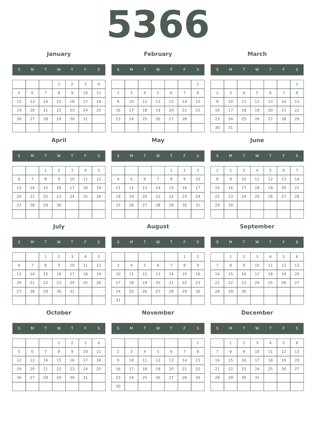 Printable 5366 Year Calendars feldgrau