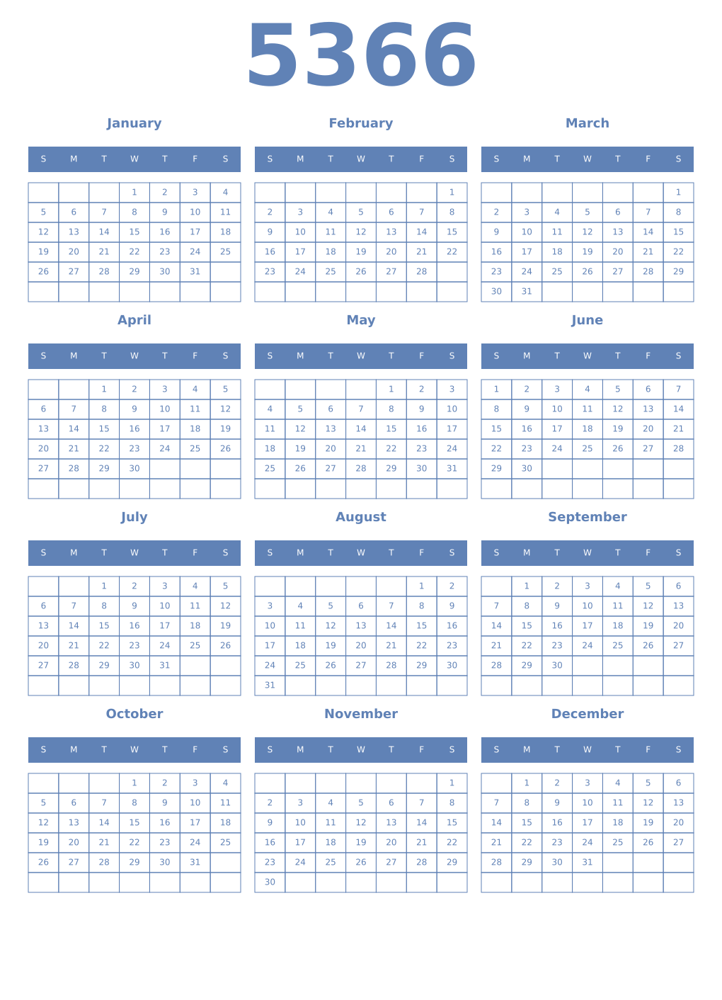 Printable 5366 Year Calendars glaucous