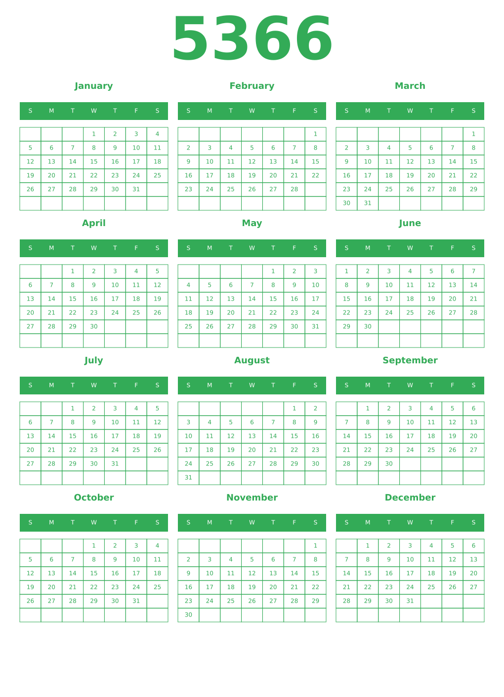 Printable 5366 Year Calendars green