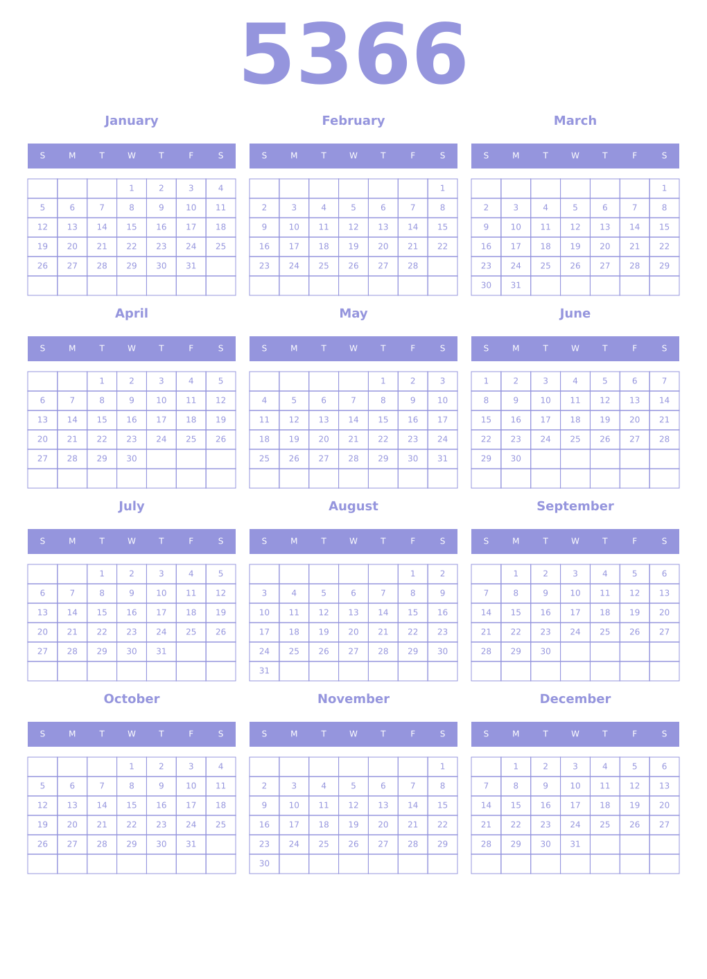 Printable 5366 Year Calendars periwinkle