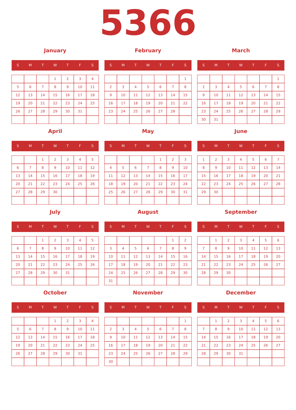 Printable 5366 Year Calendars red