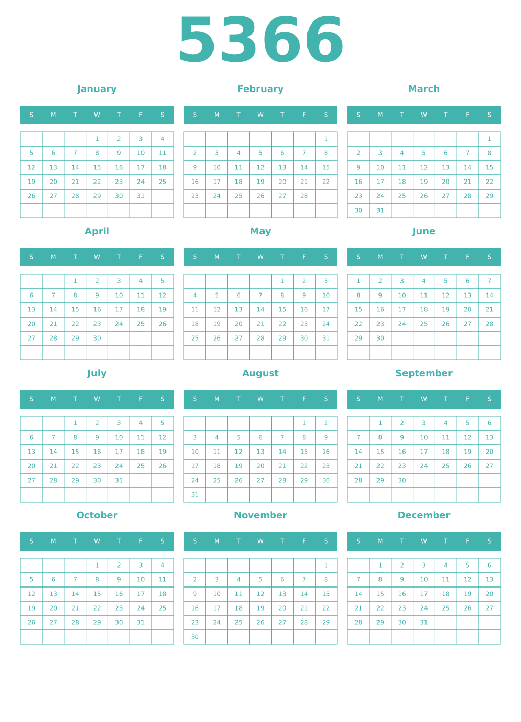 Printable 5366 Year Calendars verdigris