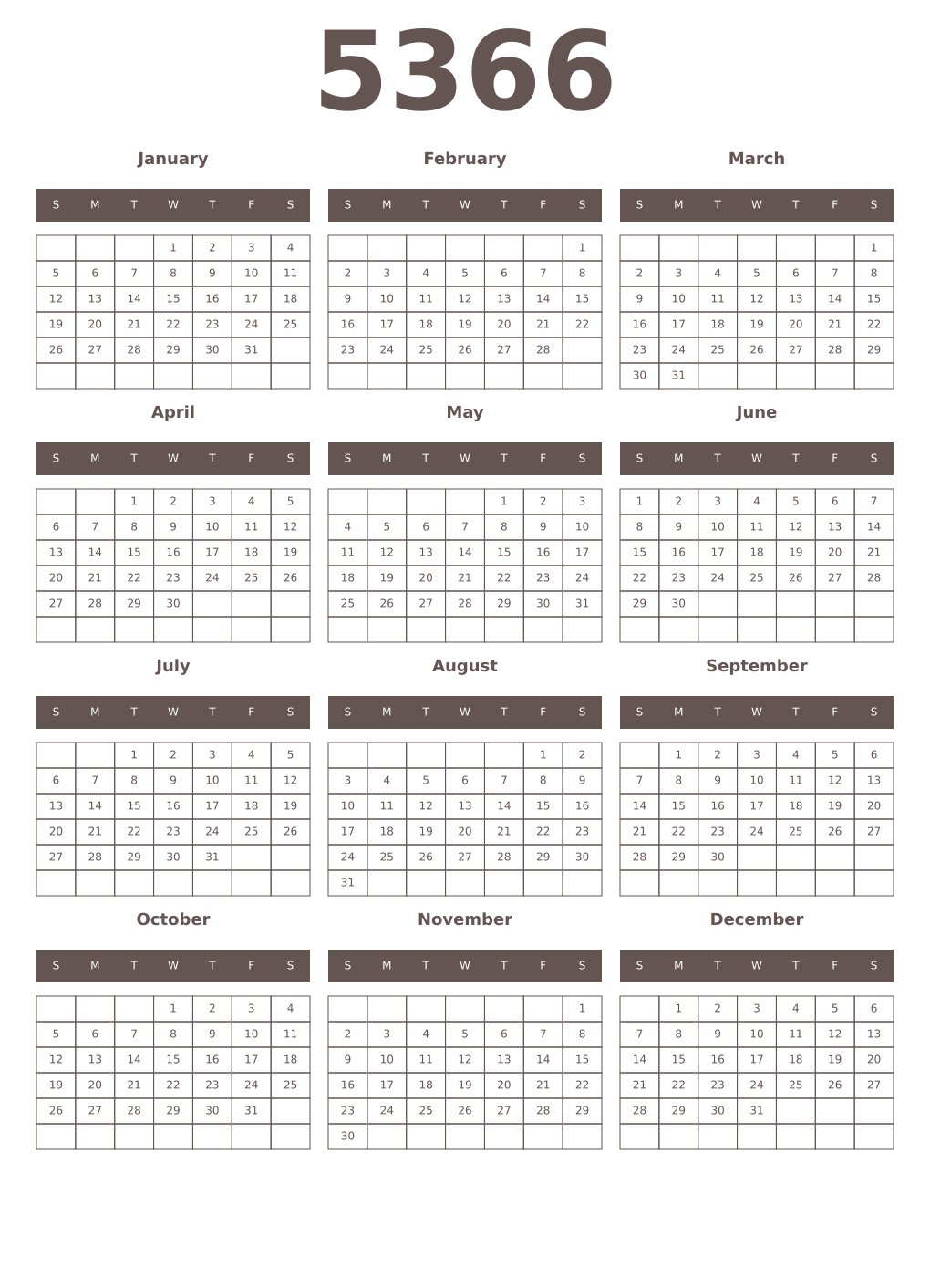 Printable 5366 Year Calendars wenge