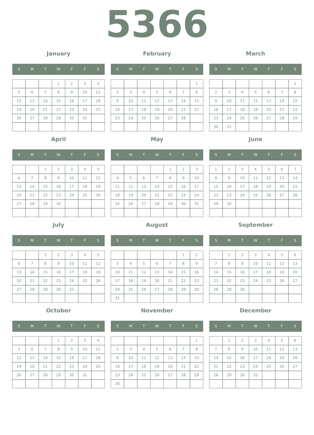 Printable 5366 Year Calendars xanadu