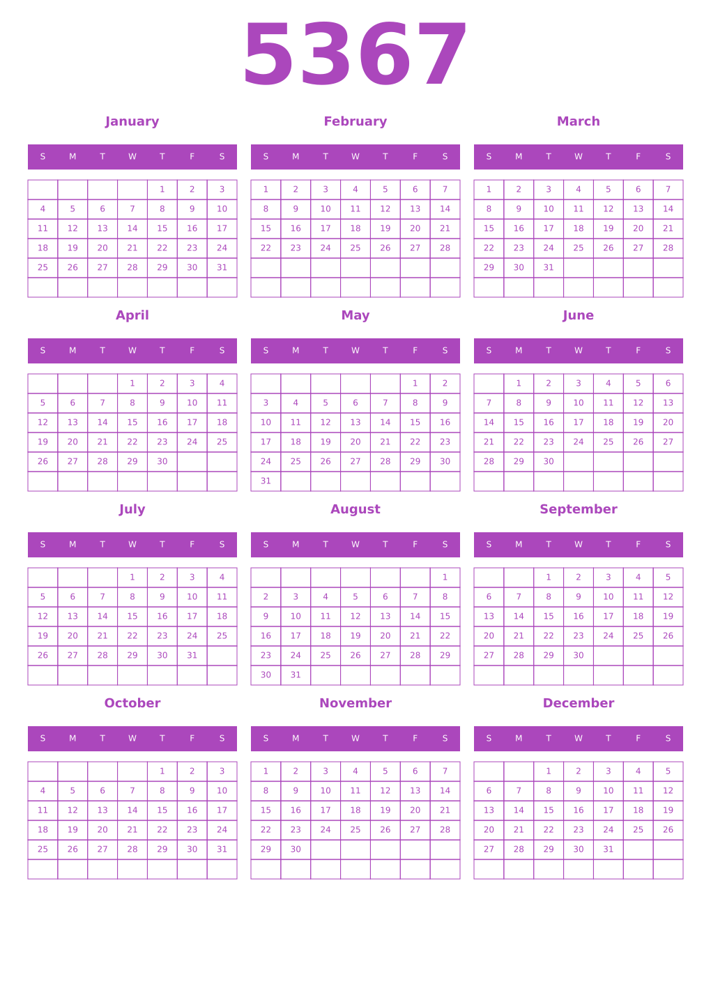 Printable 5367 Calendars