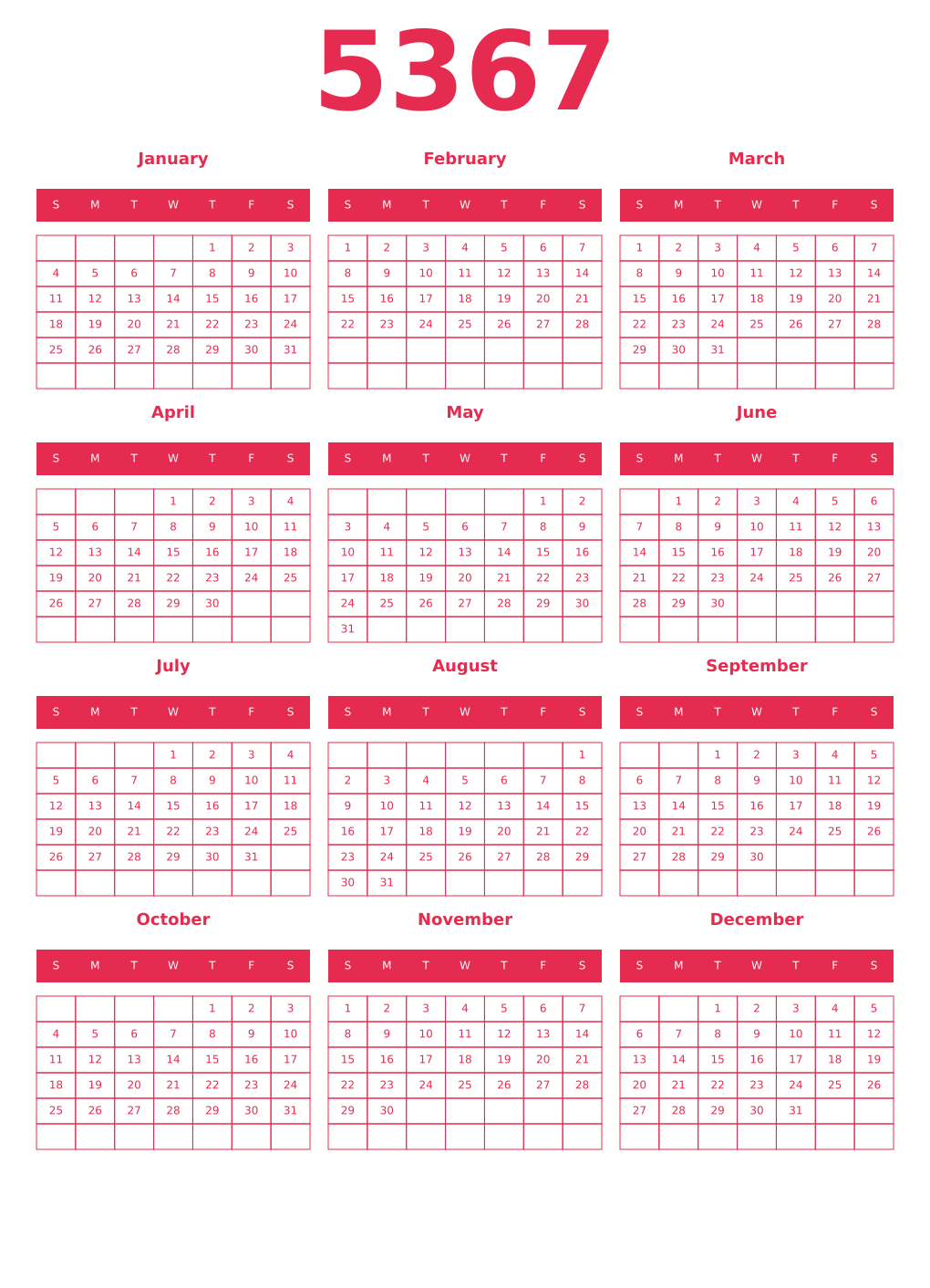 Printable 5367 Year Calendars amaranth