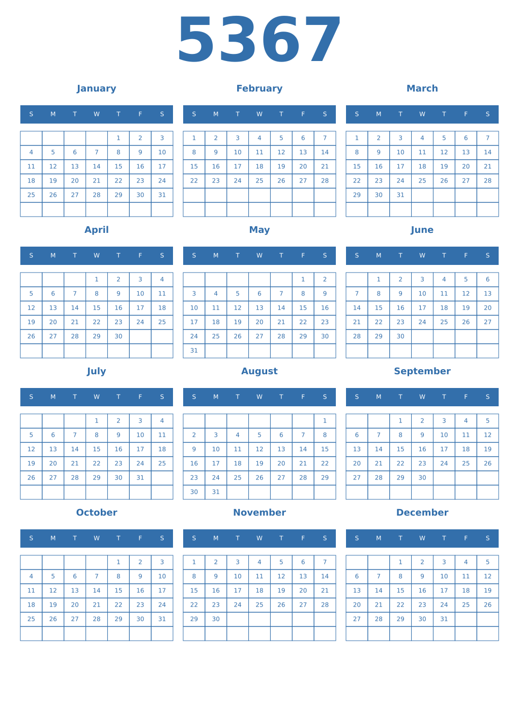 Printable 5367 Year Calendars blue