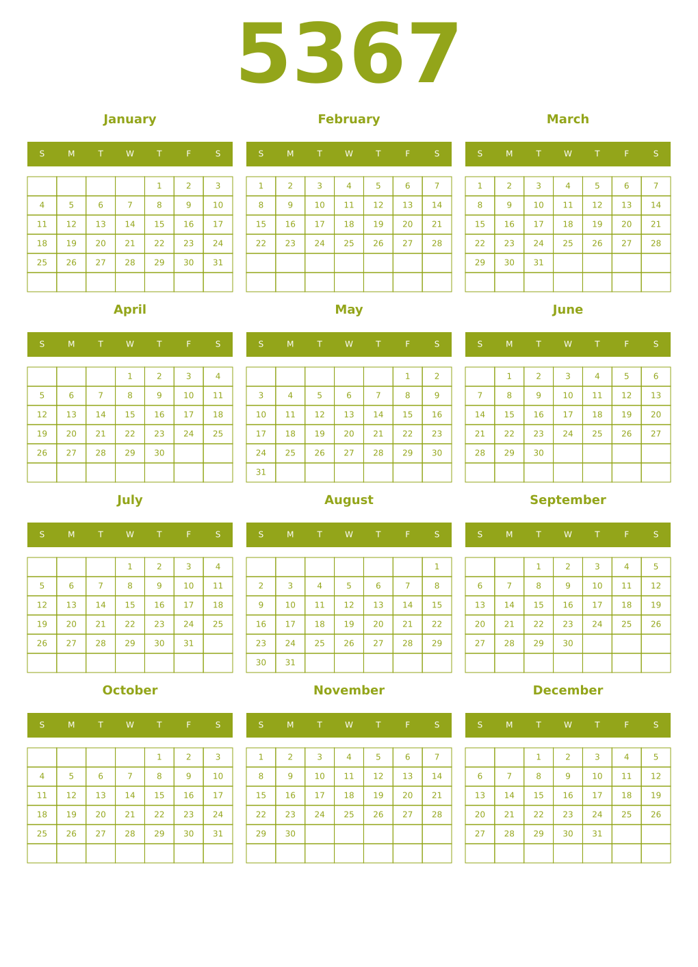 Printable 5367 Year Calendars chartreuse