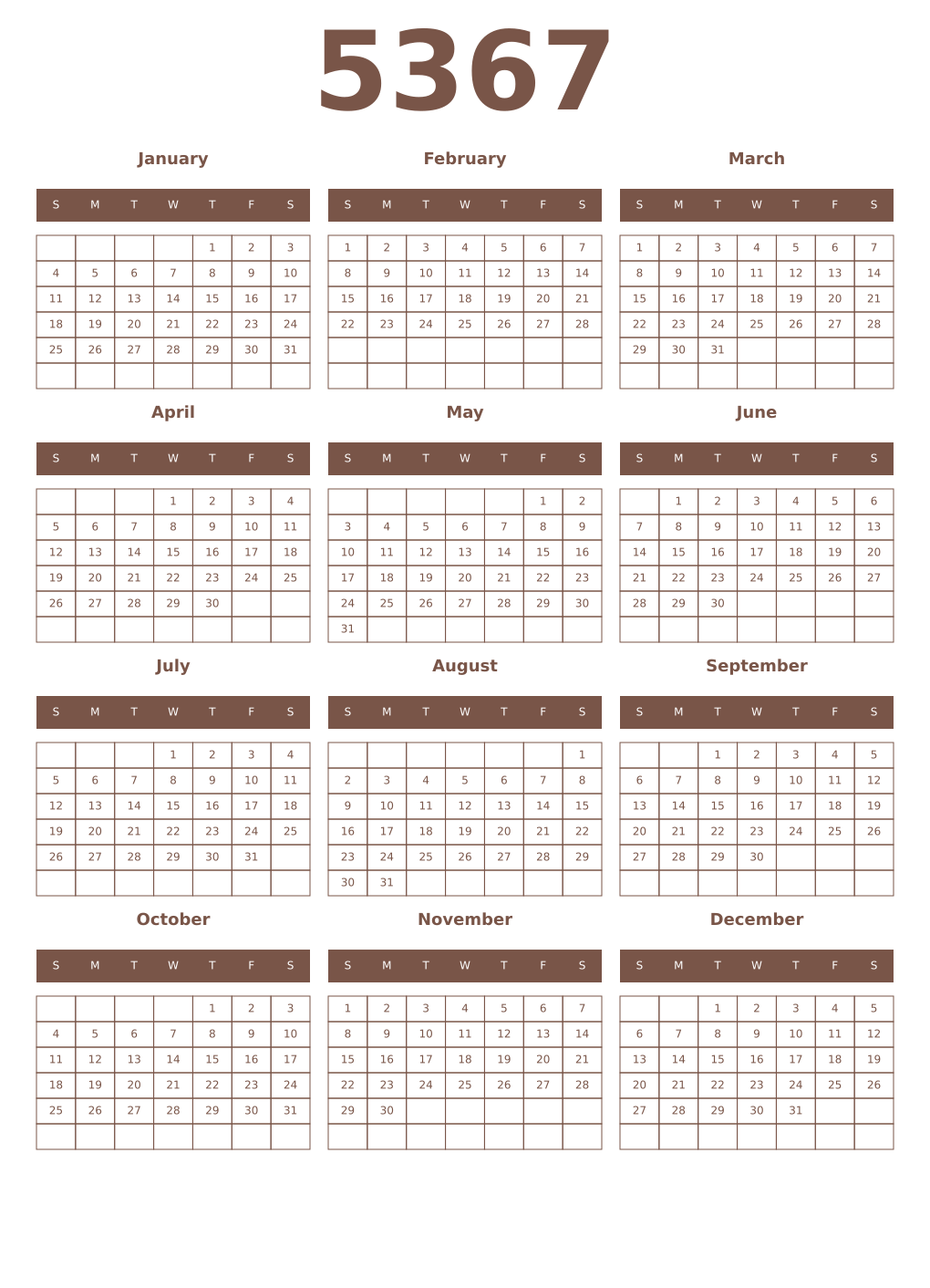Printable 5367 Year Calendars coffe