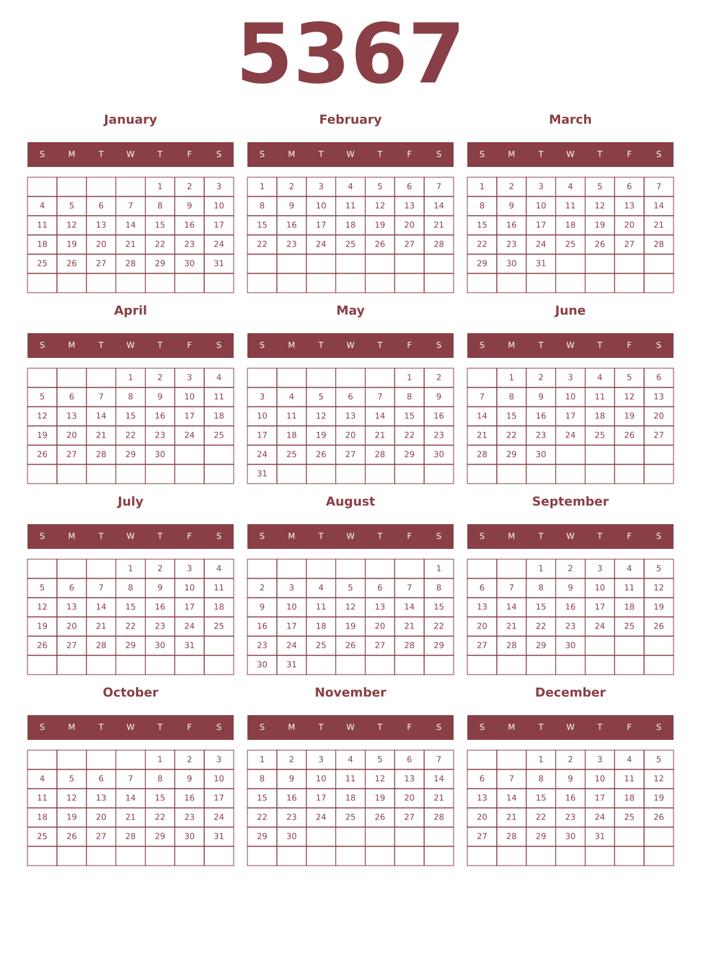 Printable 5367 Year Calendars cordovan