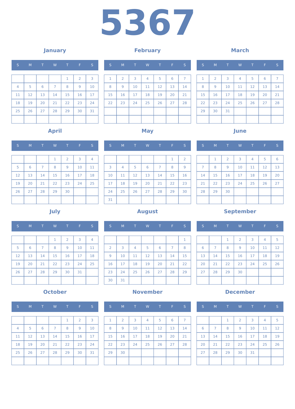 Printable 5367 Year Calendars glaucous