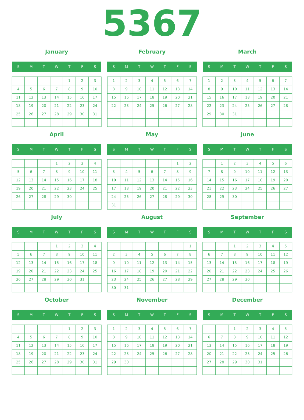 Printable 5367 Year Calendars green