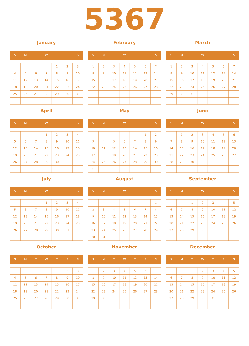Printable 5367 Year Calendars orange