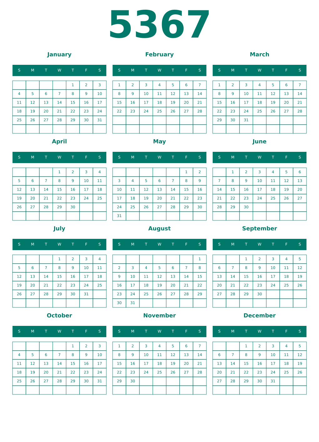 Printable 5367 Year Calendars pastel