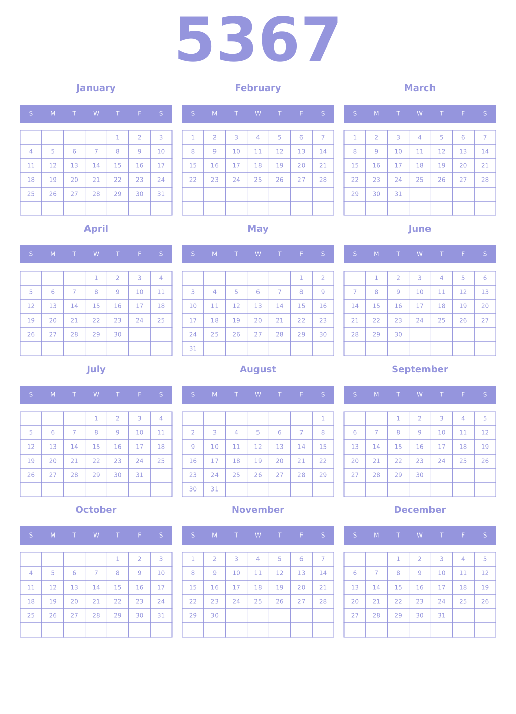 Printable 5367 Year Calendars periwinkle