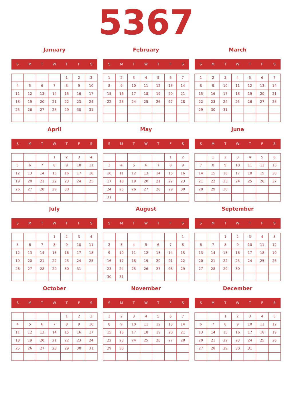 Printable 5367 Year Calendars red