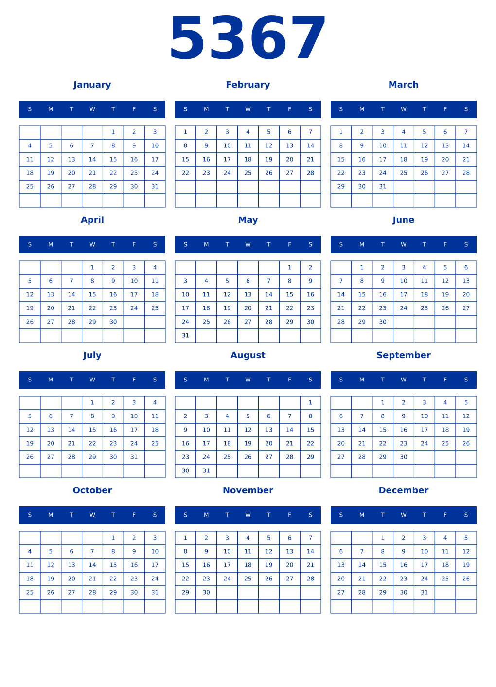 Printable 5367 Year Calendars smalt