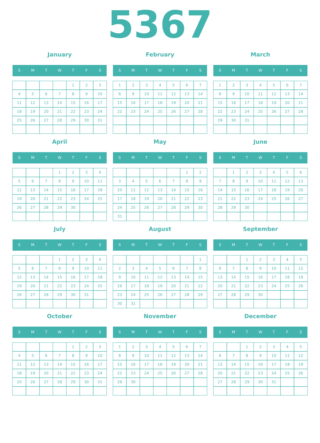 Printable 5367 Year Calendars verdigris
