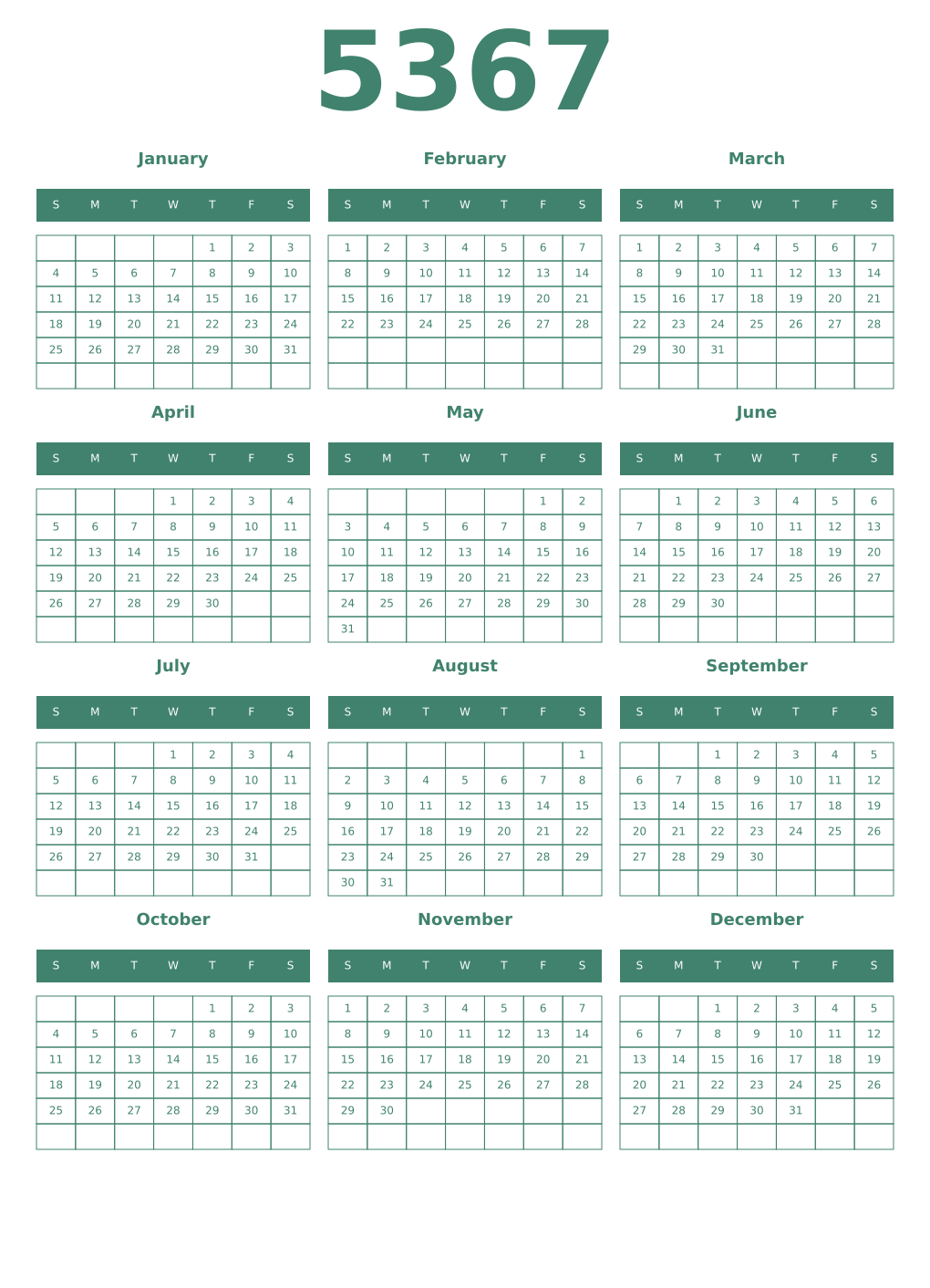 Printable 5367 Year Calendars viridian