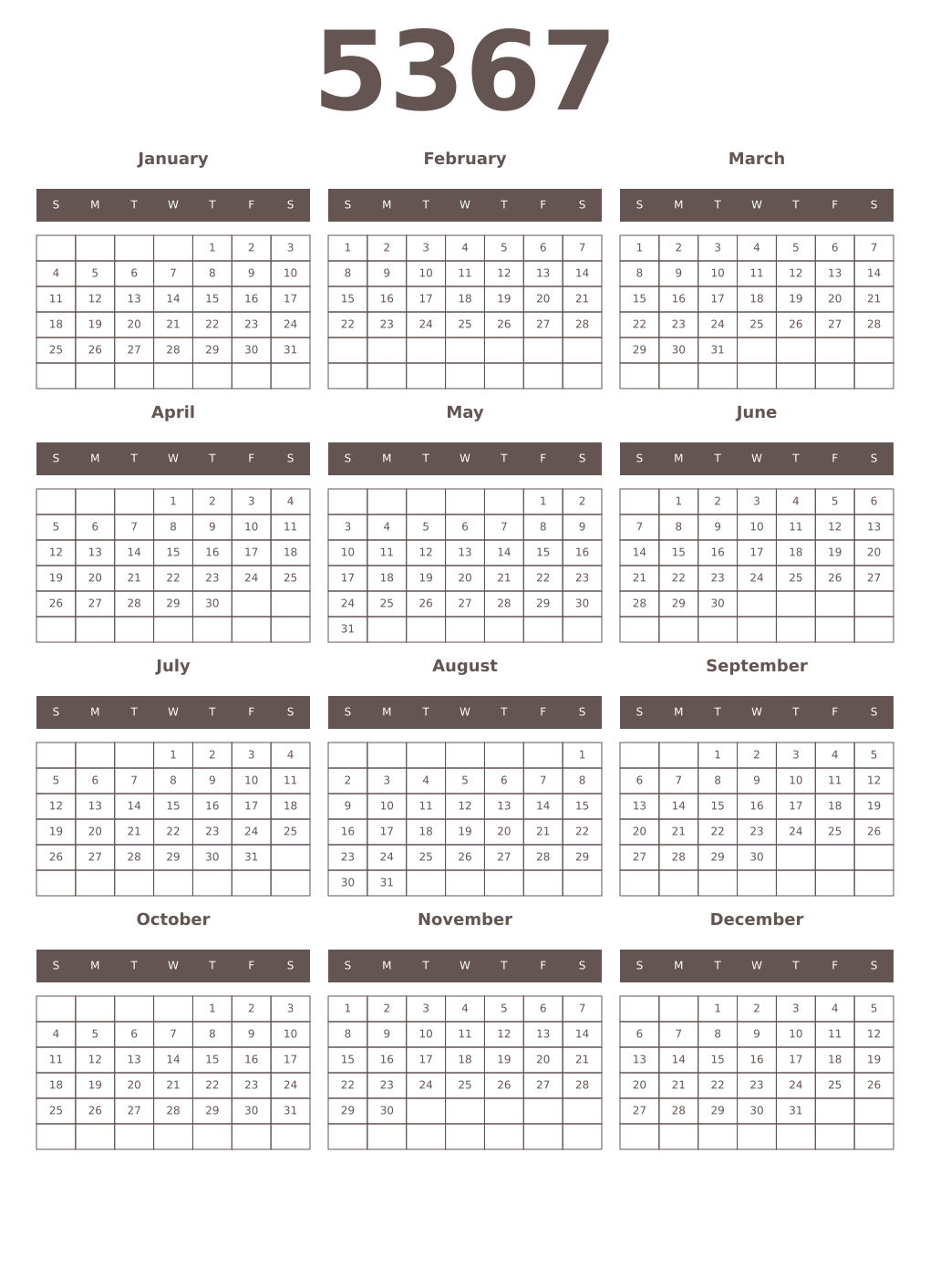 Printable 5367 Year Calendars wenge