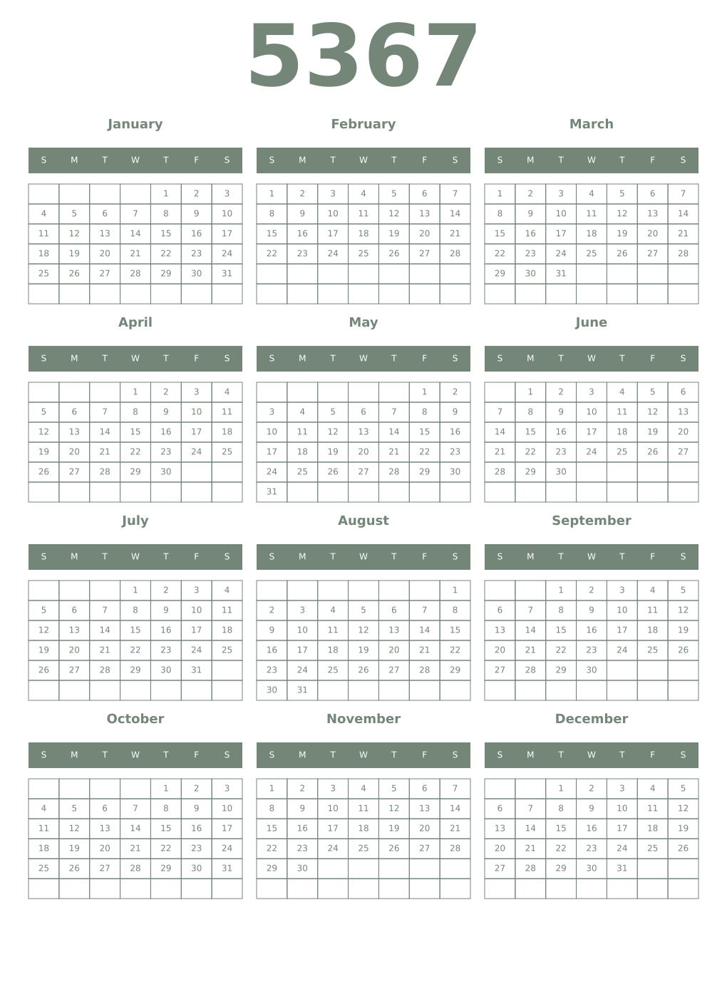 Printable 5367 Year Calendars xanadu