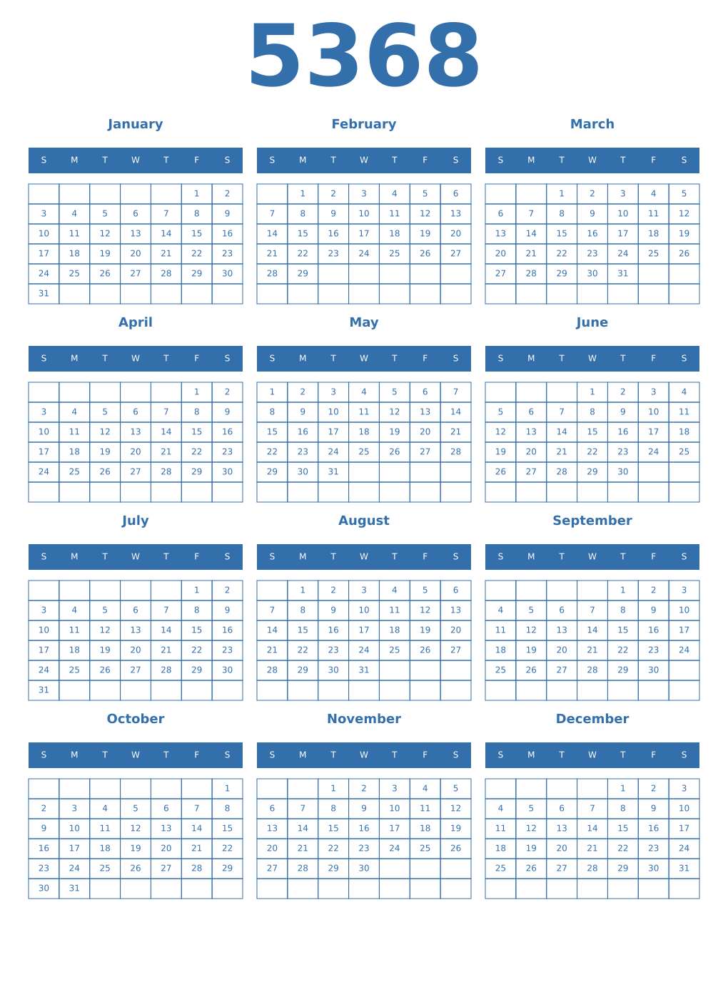 Printable 5368 Year Calendars blue