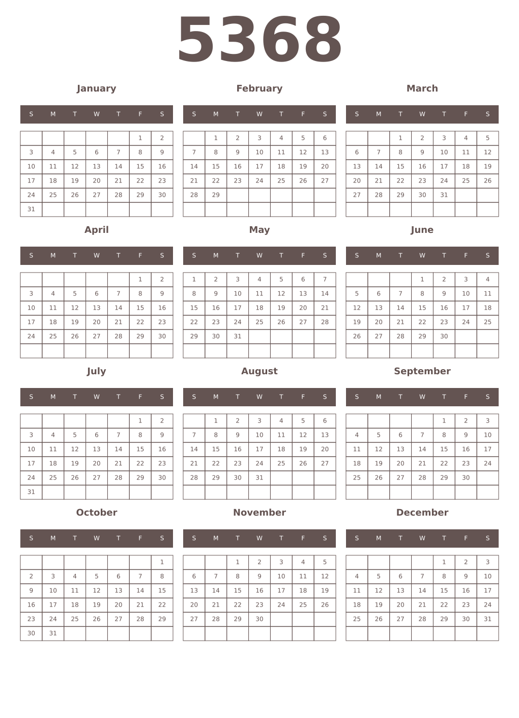 Printable 5368 Year Calendars wenge