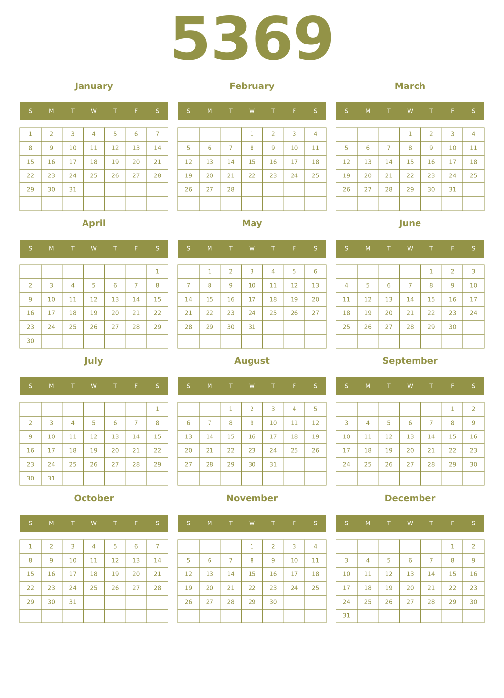 Printable 5369 Year Calendars eburnean
