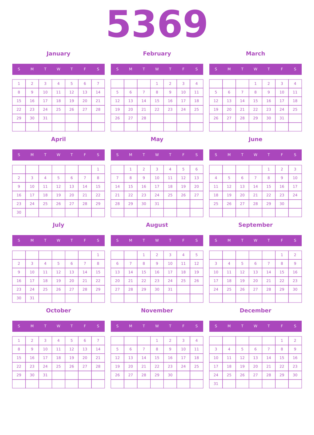 Printable 5369 Year Calendars purple
