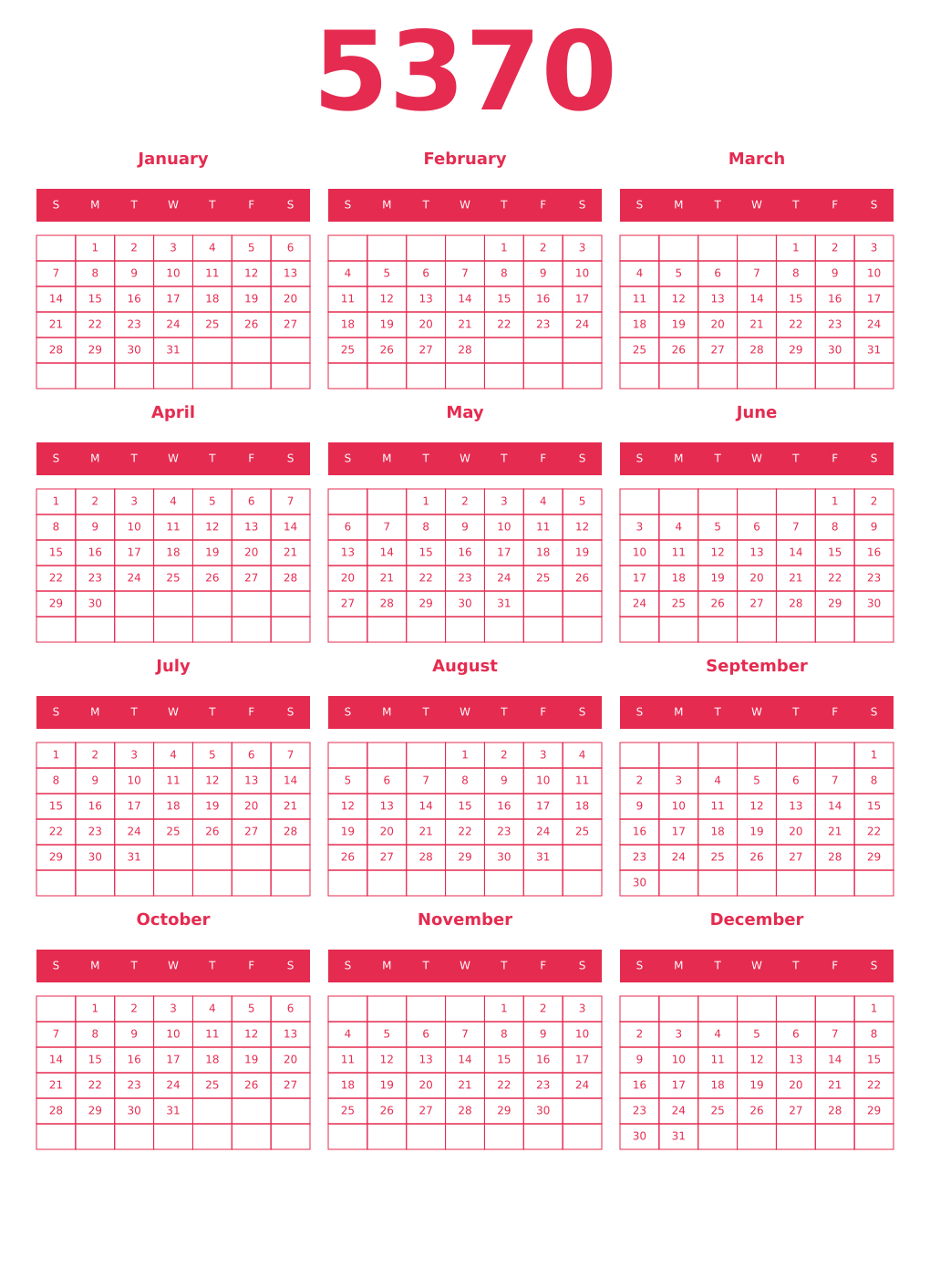 Printable 5370 Year Calendars amaranth