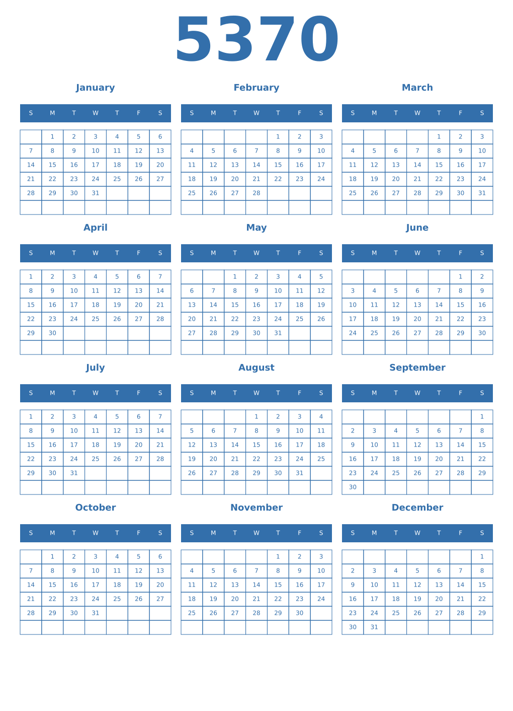 Printable 5370 Year Calendars blue